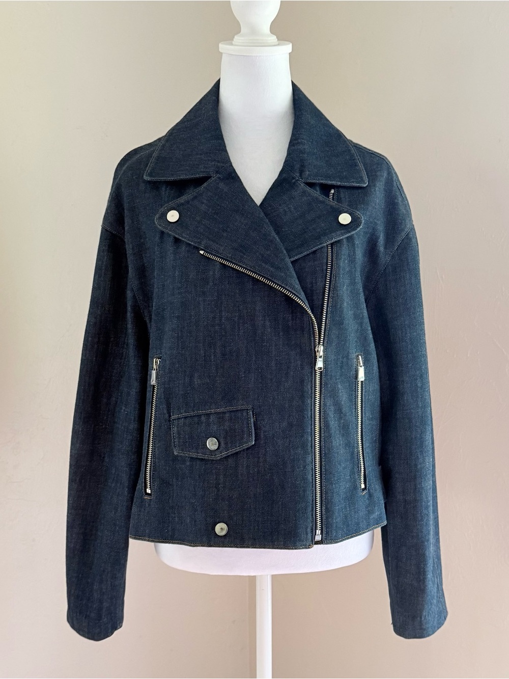 TIBI Raw Denim Oversized Moto Motorcycle Jean Jacket Size M